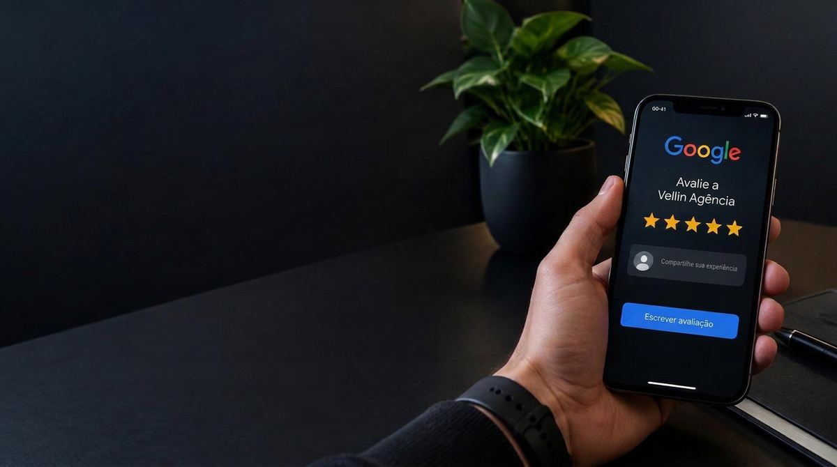 Mão segurando um celular com a tela de avaliação da Vellin no Google
