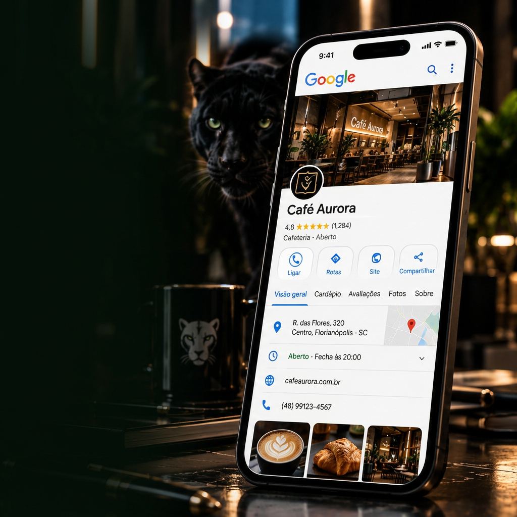 Cena de Perfil da Empresa no Google com telas digitais em um escritório